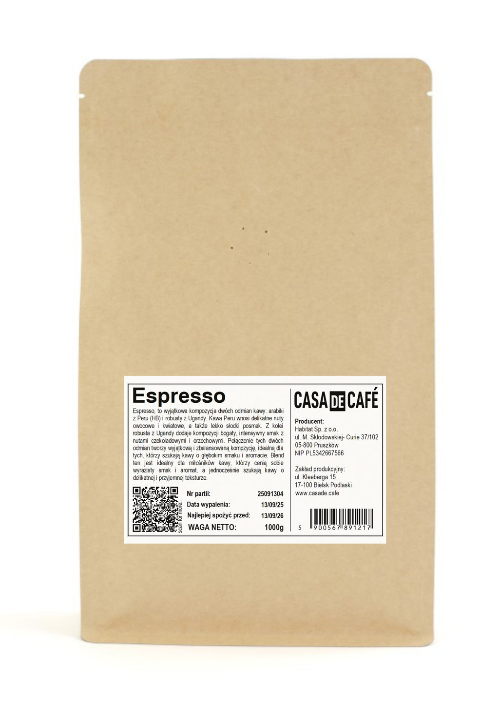 Kawa ziarnista Casa de Café  Espresso Peru HB / Uganda